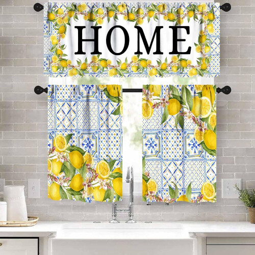 Lemon Fruit Valance Curtains Rustic Yellow on Blue 1-Pack 1