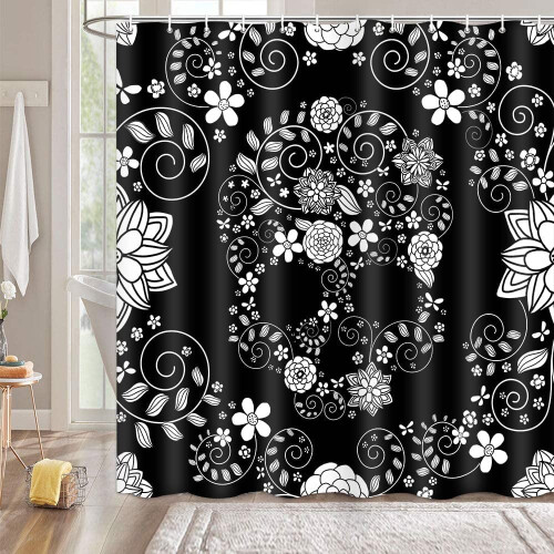 Cortina de chuveiro floral boho em preto e branco, 183 x 183 cm (72 x 72 polegadas)