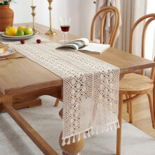 Tischläufer aus gehäkelter Boho-Spitze, 25 x 183 cm, Baumwoll-Leinen