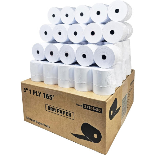 3 Inch 1-Ply Bond Receipt Paper Roll 165 ft