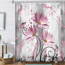 Cortina de chuveiro estilo fazenda, 178 x 178 cm, rosa e cinza com margaridas.