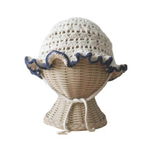 (Off white blue edge) Adjustable Crochet Lace Hat Kids Fisherman Hat Trendy Cap Stylish Knitted Sun Hat Comfortable Wearing for Boys & Girls