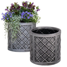 2 Small Round Lazio Planter Grey Lattice Plastic 32cm