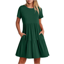 Womens Short Sleeve Dress Round Neck A Line Soft-dark green XL