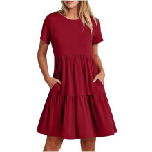 Womens Short Sleeve Dress Round Neck A Line Soft-Burgundy S