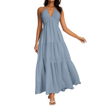 Women's backless halter dress, deep V-neck long-Sky Blue XXL