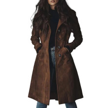 Women's Long Faux Suedes Single Breasted Trench Coat-brown XXL