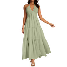 Women's backless halter dress, deep V-neck long-light green M