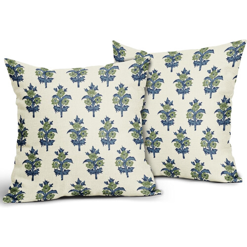Set di 2 federe floreali verde salvia e blu, 45x45 cm. 1