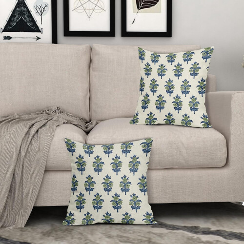 Set di 2 federe floreali verde salvia e blu, 45x45 cm. 2