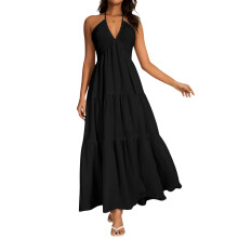 Women's backless halter dress, deep V-neck long dress,-Black L