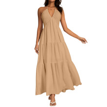 Women's backless halter dress, deep V-neck long-Khaki XXL