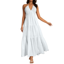 Women's backless halter dress, deep V-neck long-White XXL