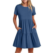 Womens Short Sleeve Dress Round Neck A Line Soft-royal blue S