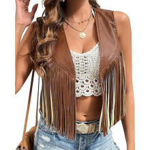 Women's Cropped Cardigan Waistcoat Faux Leather Fringe-brown M