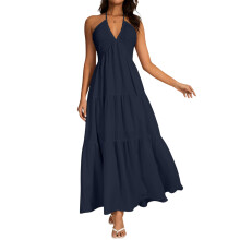 Women's backless halter dress, deep V-neck long dress,-Blue L
