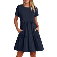 Womens Short Sleeve Dress Round Neck A Line Soft-Navy Blue M