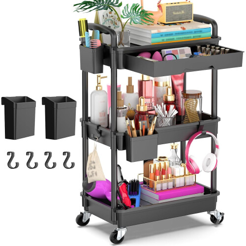 Carrello multiuso a 3 ripiani con ruote e cassetto rimovibile
