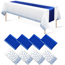 Nappes et chemins de table en satin à pois noirs et dorés (ensemble de 8 pièces)