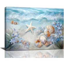 Leinwandbild „Küstenmotiv mit Muscheln und Blumen“, 40 x 30 cm