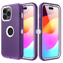 Capa para iPhone 15 Pro de nível militar, resistente a impactos, nas cores roxa e branca.