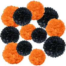 Pompons de papel de seda preto e laranja – 12 unidades, 3 tamanhos
