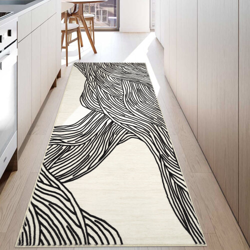 Washable Runner Rug Abstract Lines Black White 2x6 ft