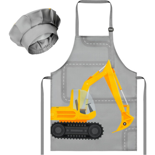 Set di 2 pezzi composto da grembiule e cappello da chef per bambini a tema escavatore.