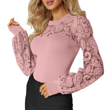 Women's Lace Long-Sleeve Casual T-Shirt, Loose Fit Top-Pink S