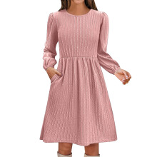 Women's Casual Knit Sweater Dress with Pockets, Round-Pink L