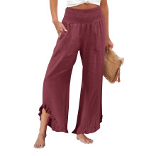 Women's linen wide-leg trousers with pleats, ruffled-Burgundy L
