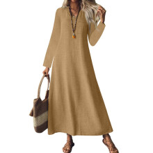 Women's long cotton and linen dress, casual-light brown XL