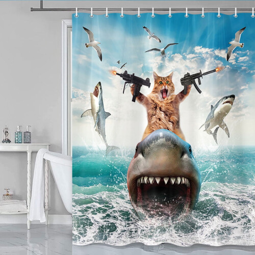 Κουρτίνα ντους Cat-on-Shark σε μπλε σκούρο χρώμα, αδιάβροχη 2