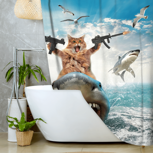 Κουρτίνα ντους Cat-on-Shark σε μπλε σκούρο χρώμα, αδιάβροχη 1