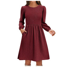 Women's Casual Knit Sweater Dress with Pockets,-Burgundy L