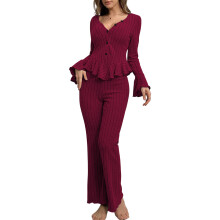 Women's long-sleeved cotton pajama set, soft and-Date red L
