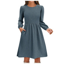 Women's Casual Knit Sweater Dress with Pockets, Round-Blue XXL