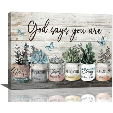 Tableau rustique sur toile représentant des plantes succulentes et accompagné d'un verset biblique