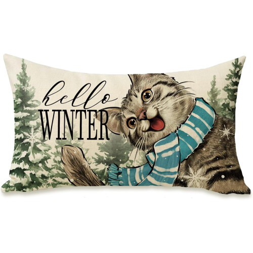 Capa de almofada lombar Winter Cat, 30x50cm, algodão e linho.