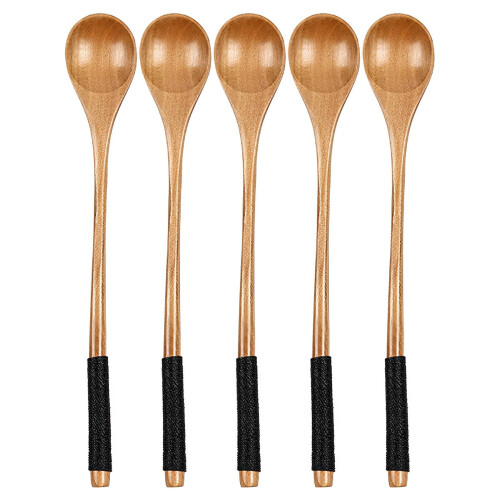 Conjunto de 5 colheres de madeira com pontas lisas e arredondadas.