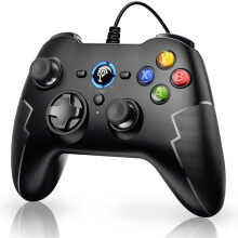 Mando de juegos negro con cable, doble vibración y botones de gatillo.
