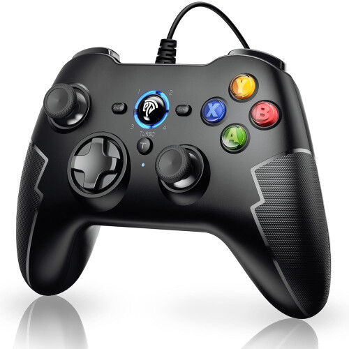 Zwarte bedrade gamecontroller met dubbele trilfunctie en triggerknoppen.