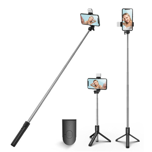 Bastão de selfie com tripé e luz, com controle remoto Bluetooth.