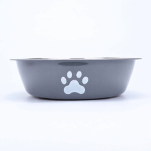 Tigela para cães em aço inoxidável com base antiderrapante.