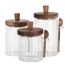 3Sets Airtight Glass Spice Jars with Embedded Spoon Wood Lid Storage