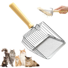 Pá para areia de gato em aço inoxidável com cabo de madeira