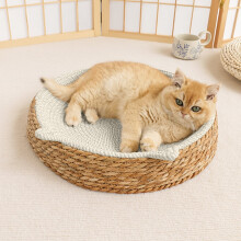 under $1 Summer Cat Bed, Handmade Breathable Rattan Pet Bed for Dog Cats, Round Cat Beds Chair for Indoor/Outdoor Use(Beige)
