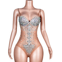 Sparkly Rhinestones Bodysuit for Women Sleeveless Dance-color L