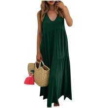 Linen Dresses for Women V Neck Sleeveless Maxi Dress-Green S