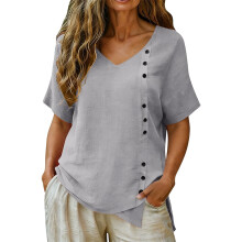 Linen Top for Women Casual  V Neck Short Sleeve-Gray XXL